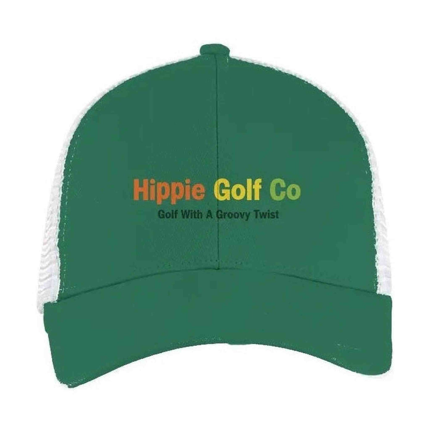 Green six-panel trucker hat with white mesh back and embroidered brand text
