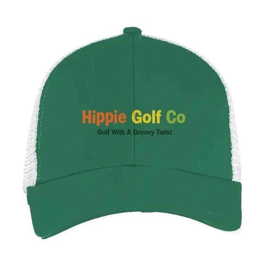 Green six-panel trucker hat with white mesh back and embroidered brand text
