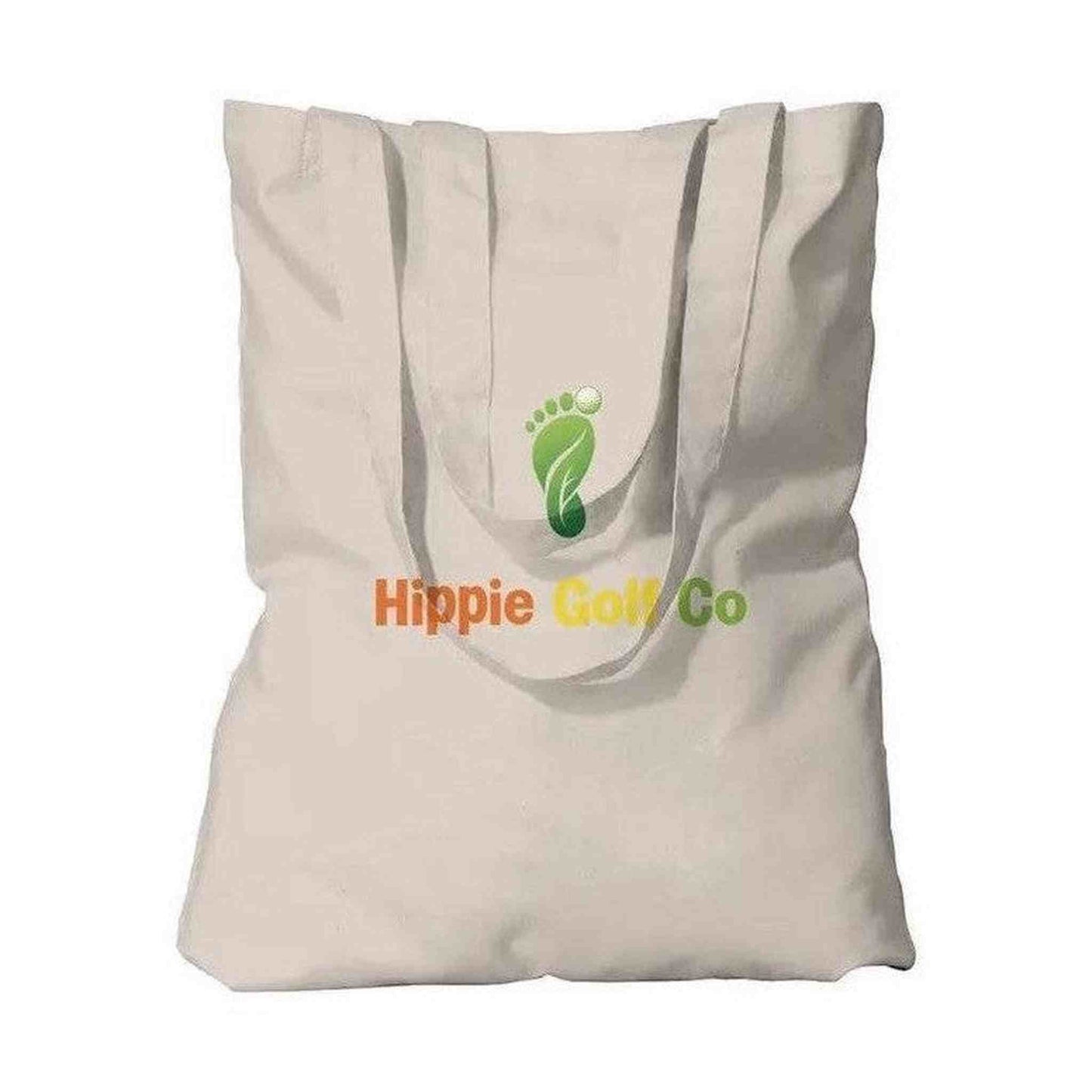 Natural organic cotton tote bag with open top, green leaf logo and Hippie Golf Co branding