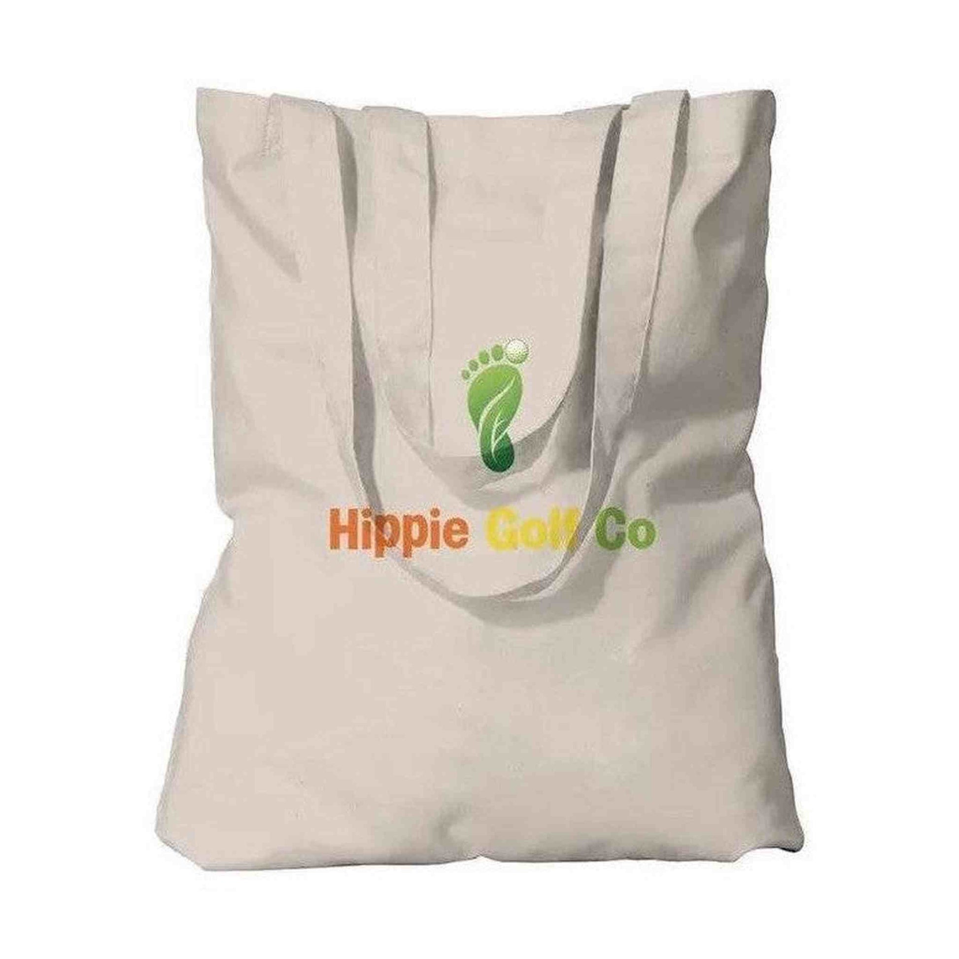 Natural organic cotton tote bag with open top, green leaf logo and Hippie Golf Co branding