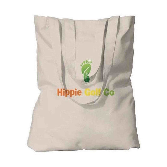 Natural organic cotton tote bag with open top, green leaf logo and Hippie Golf Co branding