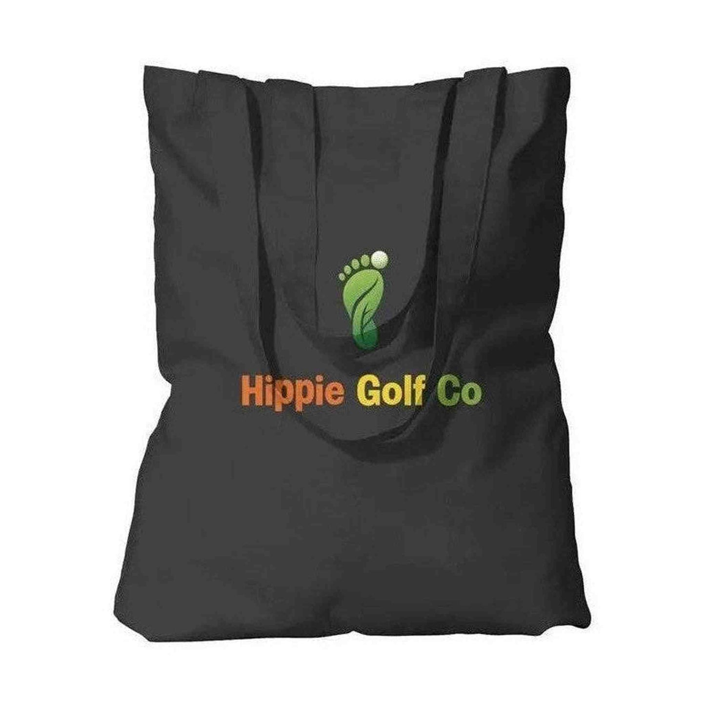 Black organic cotton tote bag with open top, green leaf logo and Hippie Golf Co branding