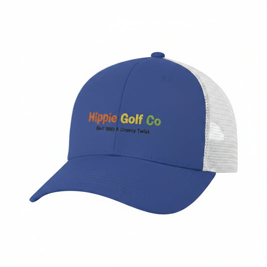 Blue organic cotton trucker hat with embroidered Hippie Golf Co logo for golf
