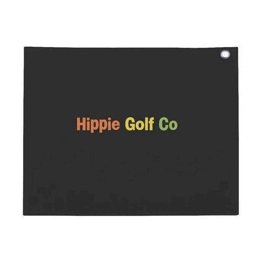 Black matte cotton golf towel with subtle pattern and colorful logo