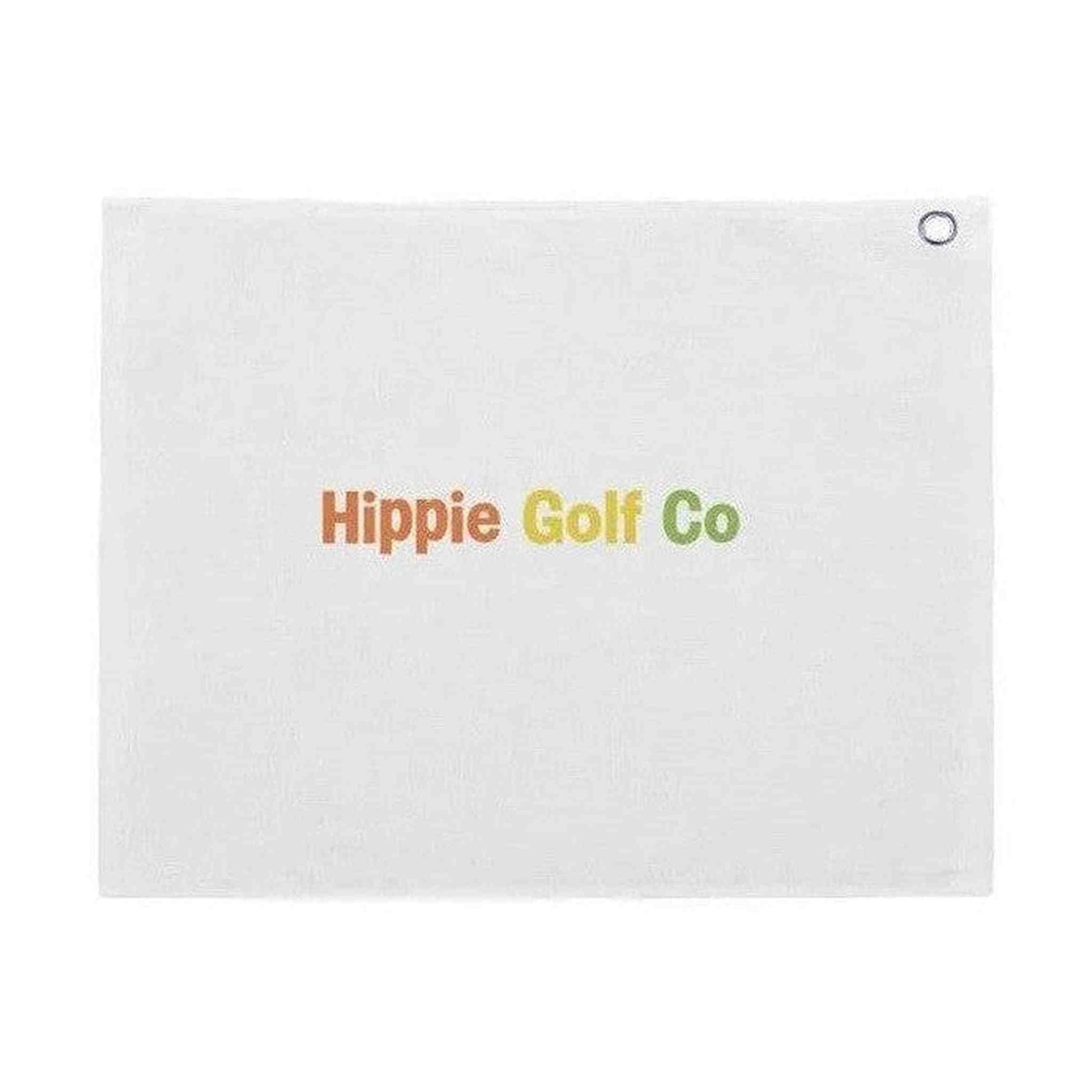 White Hippie Golf Co cotton golf towel with colorful logo and grommet