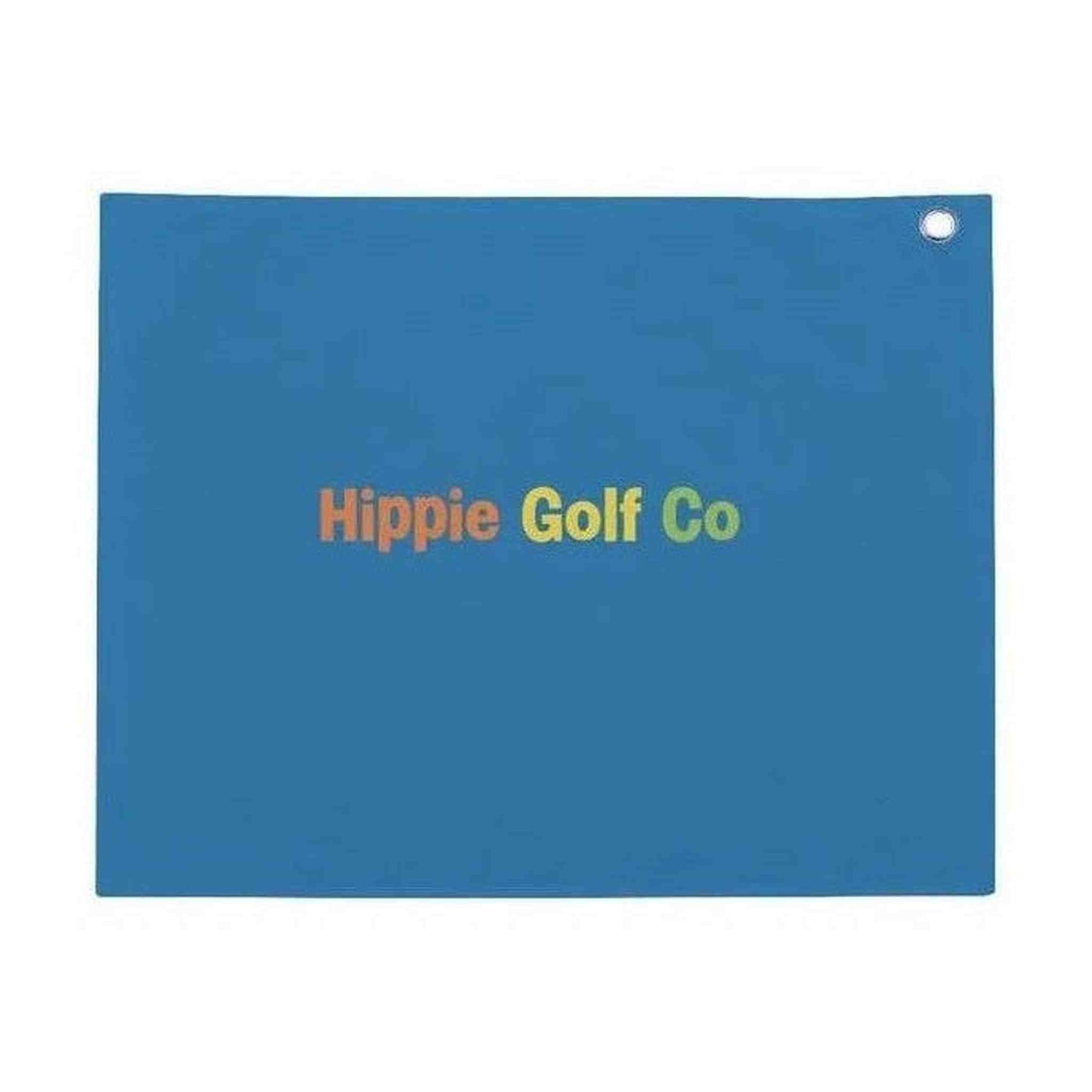 Blue solid cotton golf towel with multi-color Hippie Golf Co print