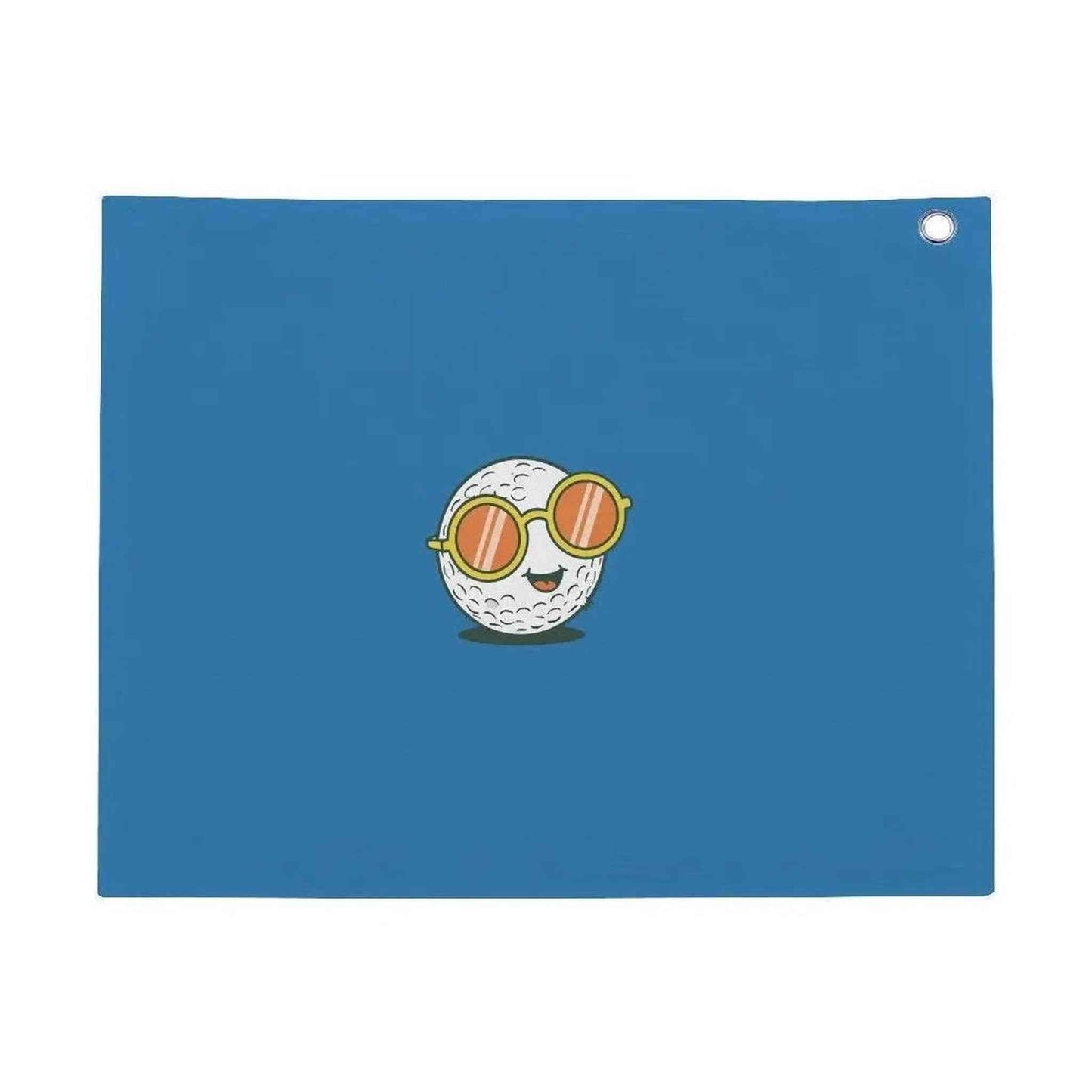 Blue cotton golf towel with retro smiling golf ball design and grommet
