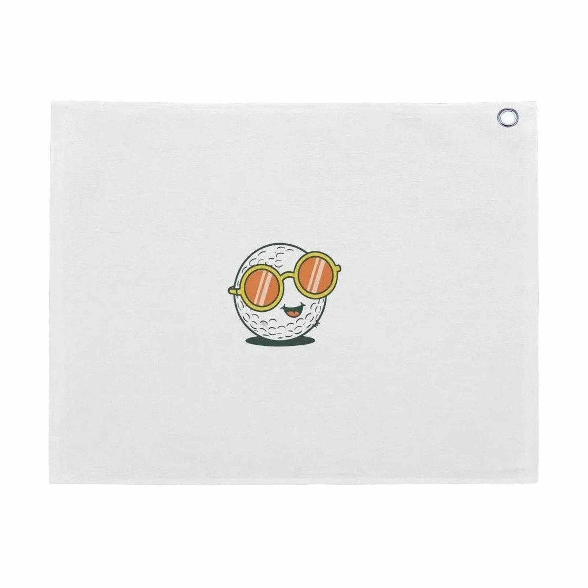 White cotton golf towel featuring cartoon golf ball print and hanging grommet
