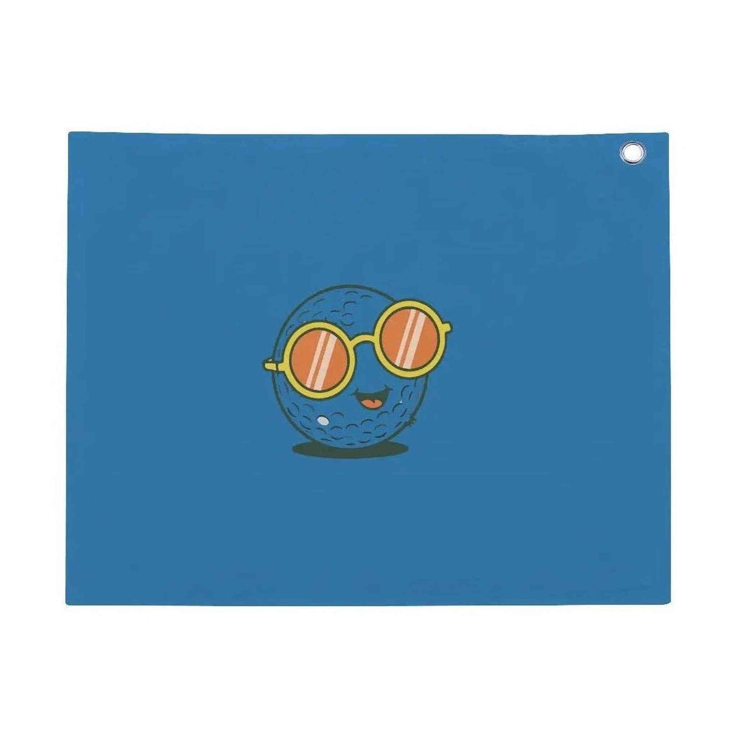 Blue cotton golf towel featuring bold golf ball graphic with yellow sunglasses and top corner grommet