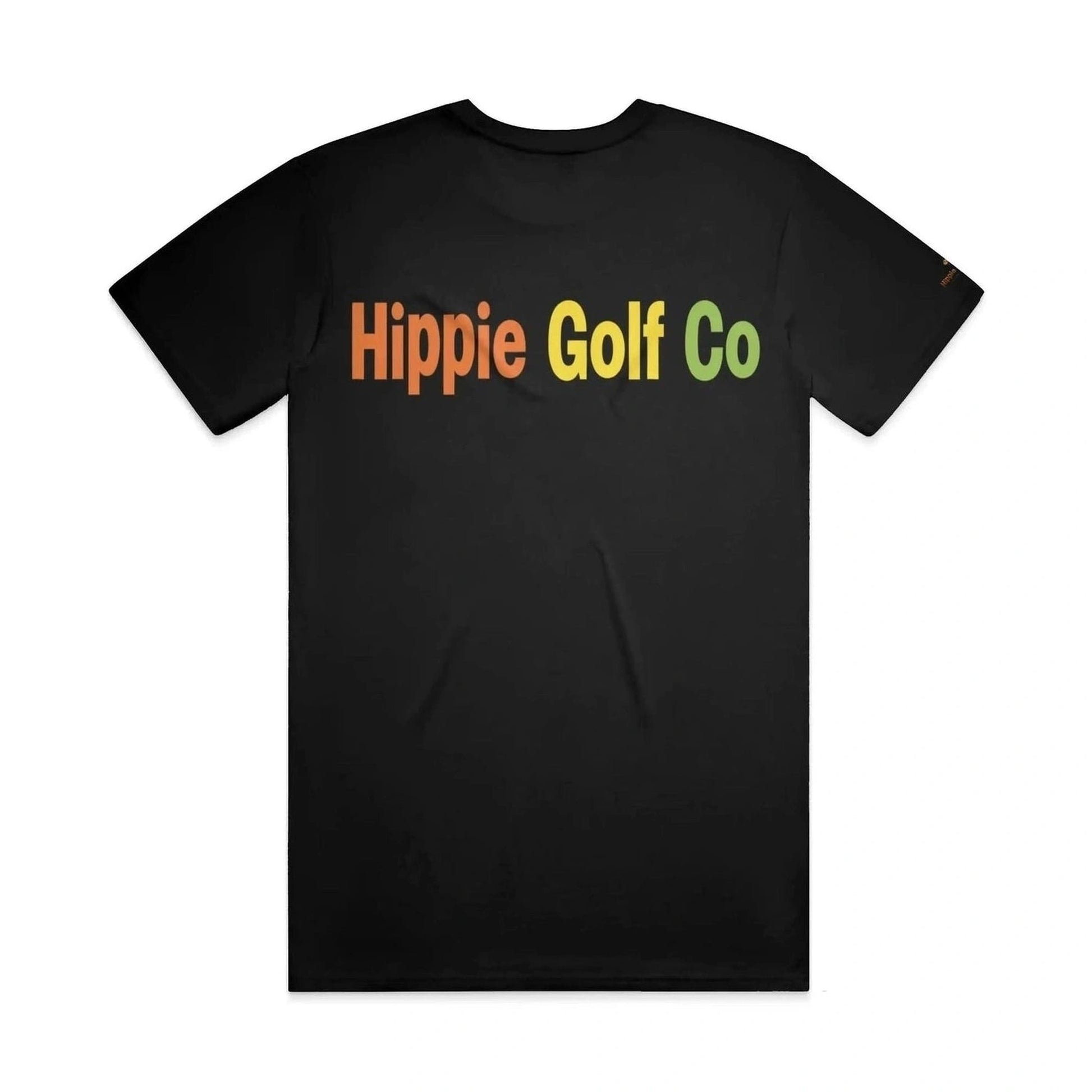 Black t-shirt back view displaying orange yellow and green block letter Hippie Golf Co logo