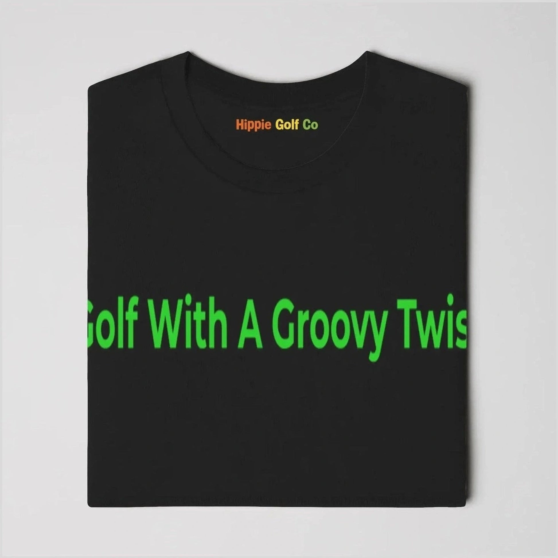 Folded black eco-conscious tee with bright green slogan and multicolored inner collar logo