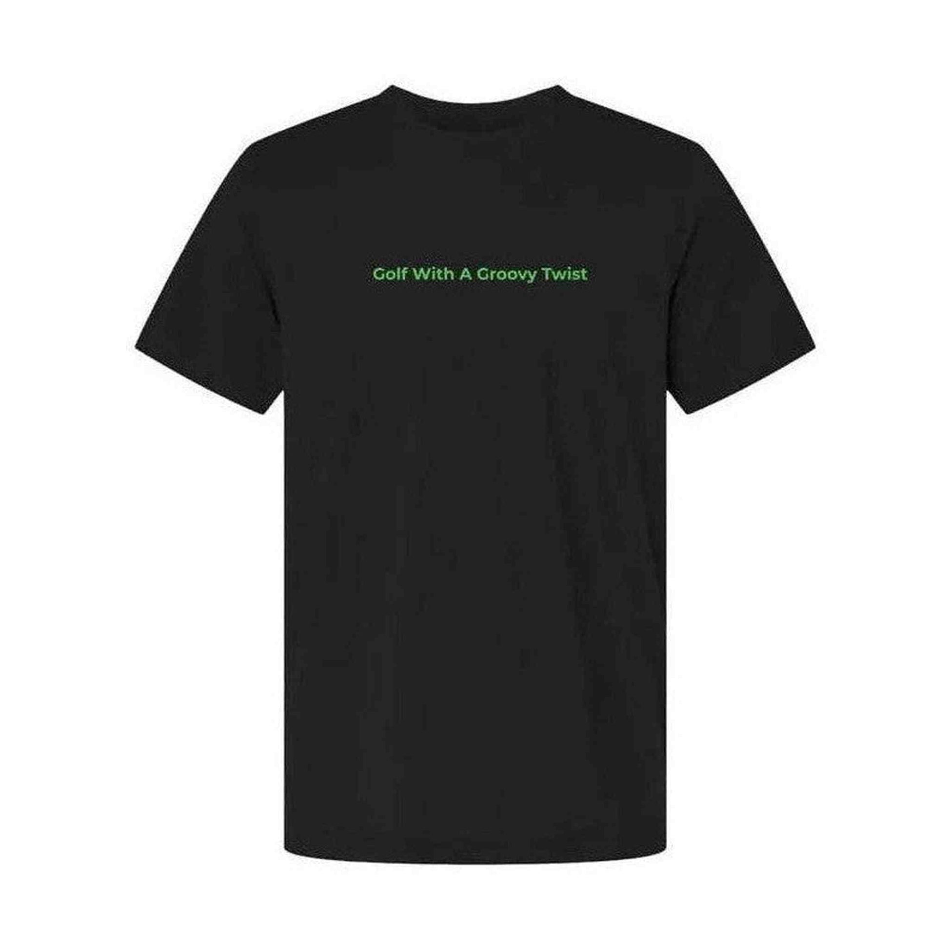 Black classic fit tee laid flat showing small green centered chest text design