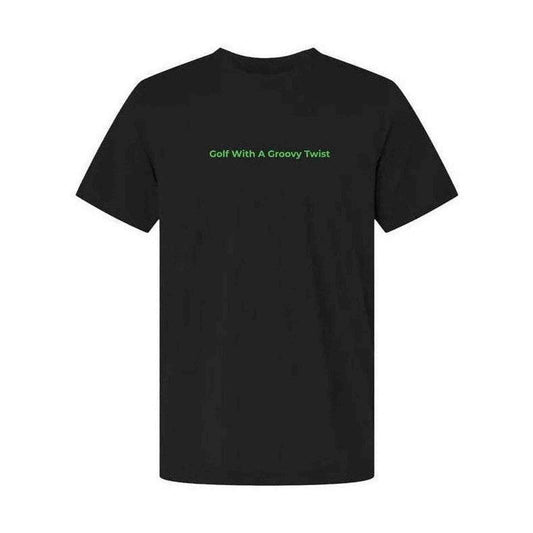 Black classic fit tee laid flat showing small green centered chest text design