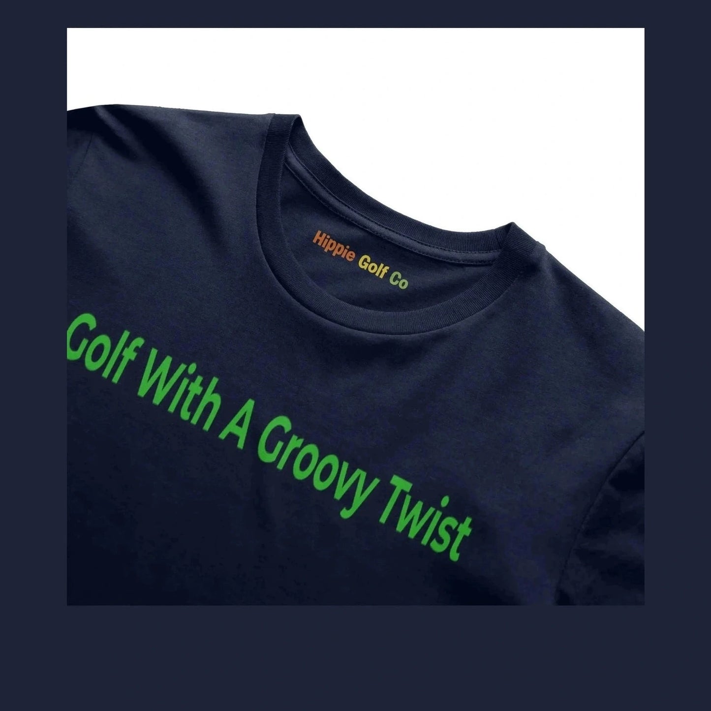 Navy blue short sleeve tee showing fine knit texture and green chest slogan print