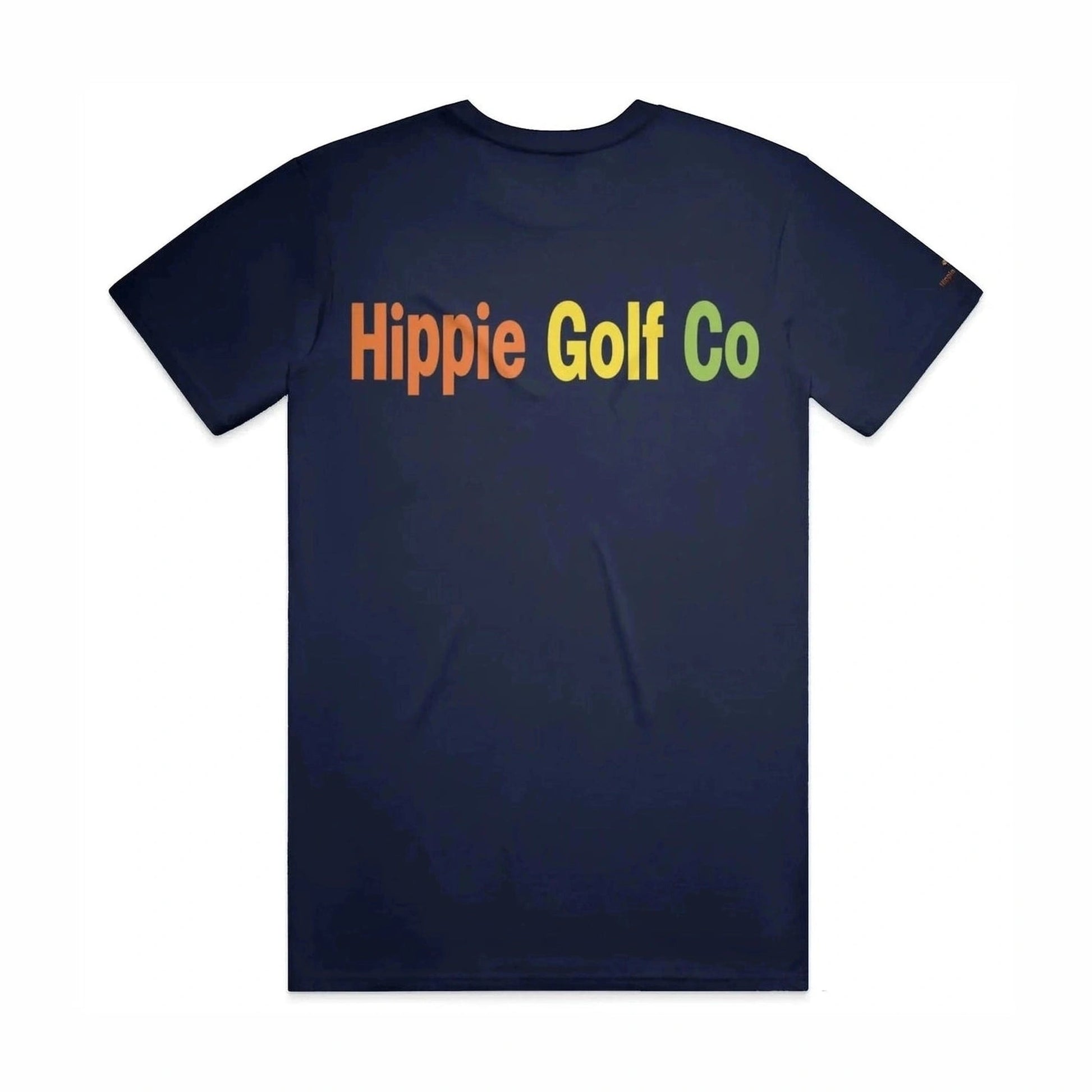 Navy blue t-shirt back view with colorful Hippie Golf Co block letter branding