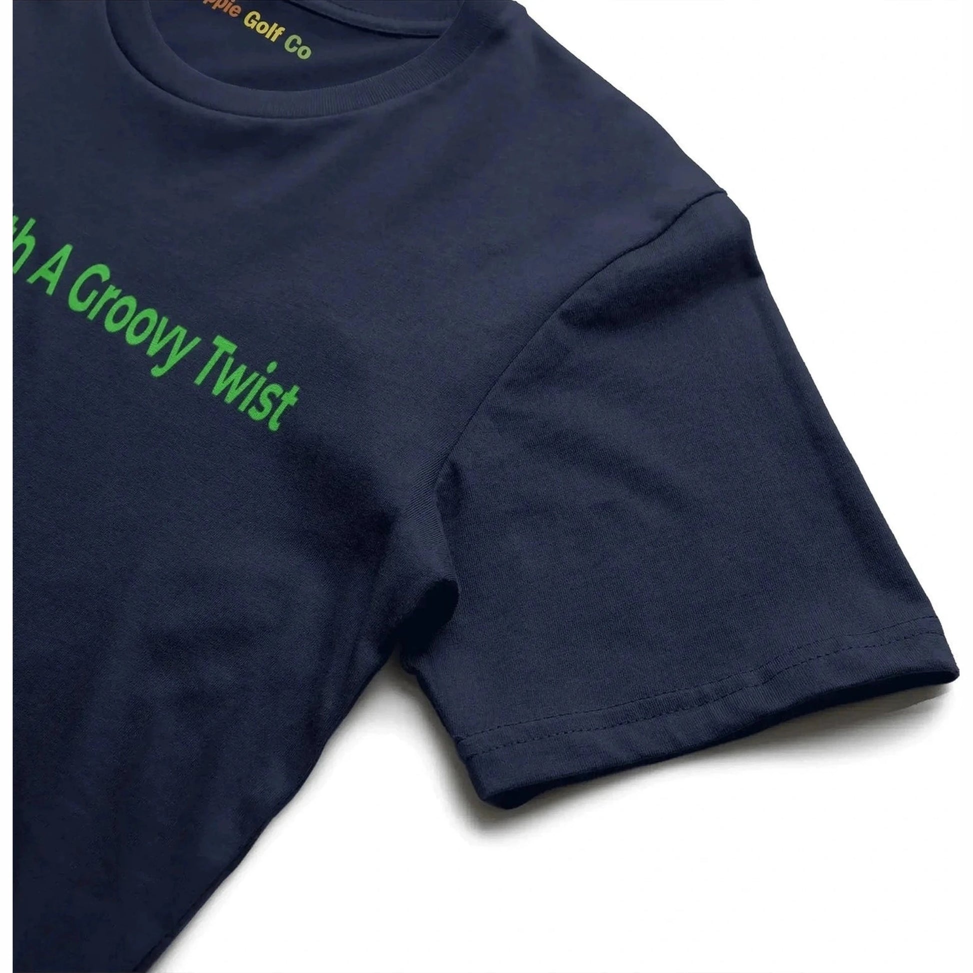 Navy blue recycled cotton tee with green 'Golf With A Groovy Twist' text and Hippie Golf Co collar logo