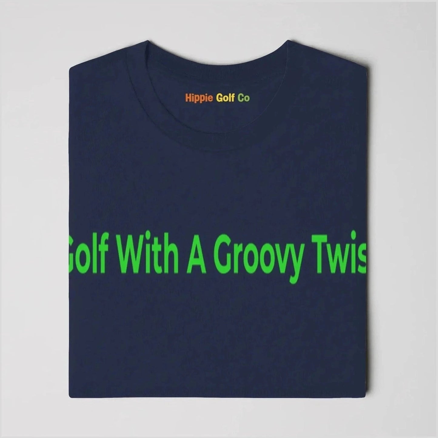 Folded navy blue recycled polyester tee with green slogan and visible fabric texture