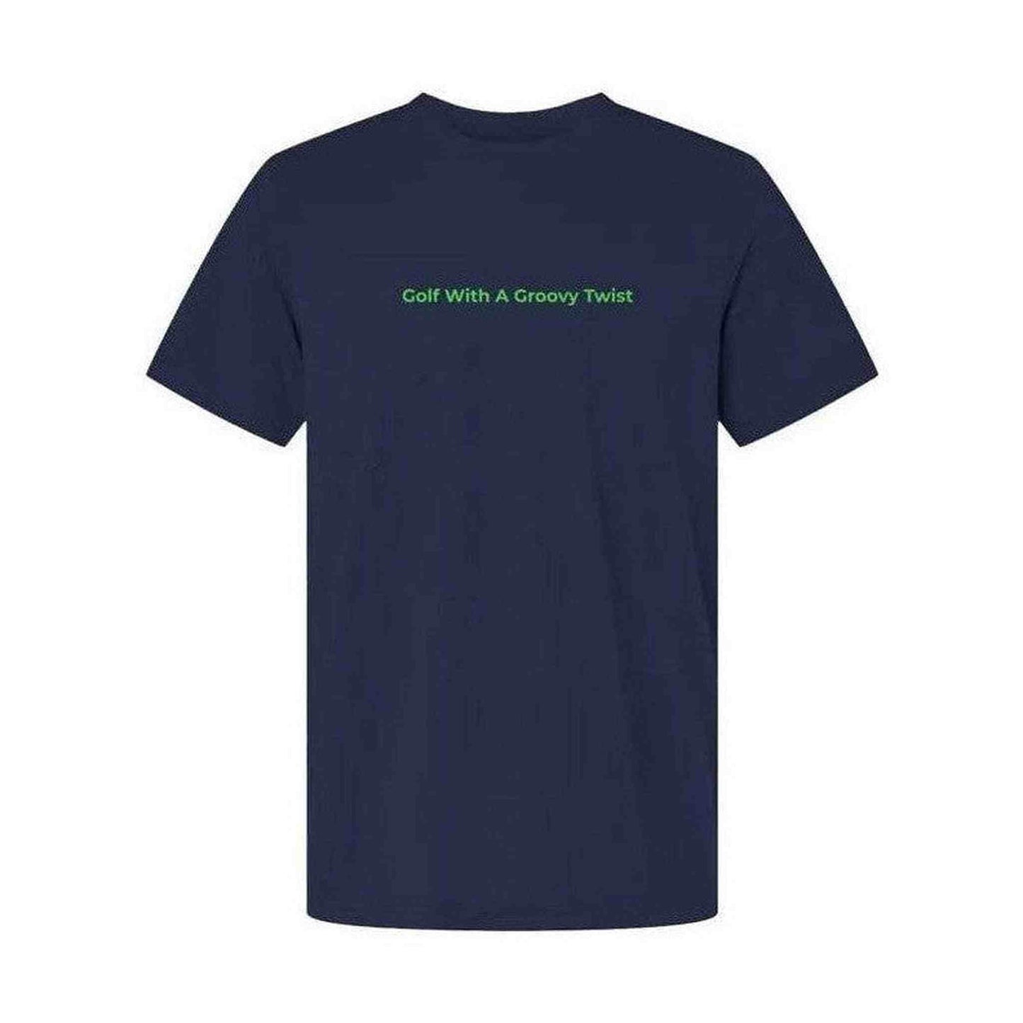 Navy blue crew neck t-shirt with centered green 'Golf With A Groovy Twist' graphic