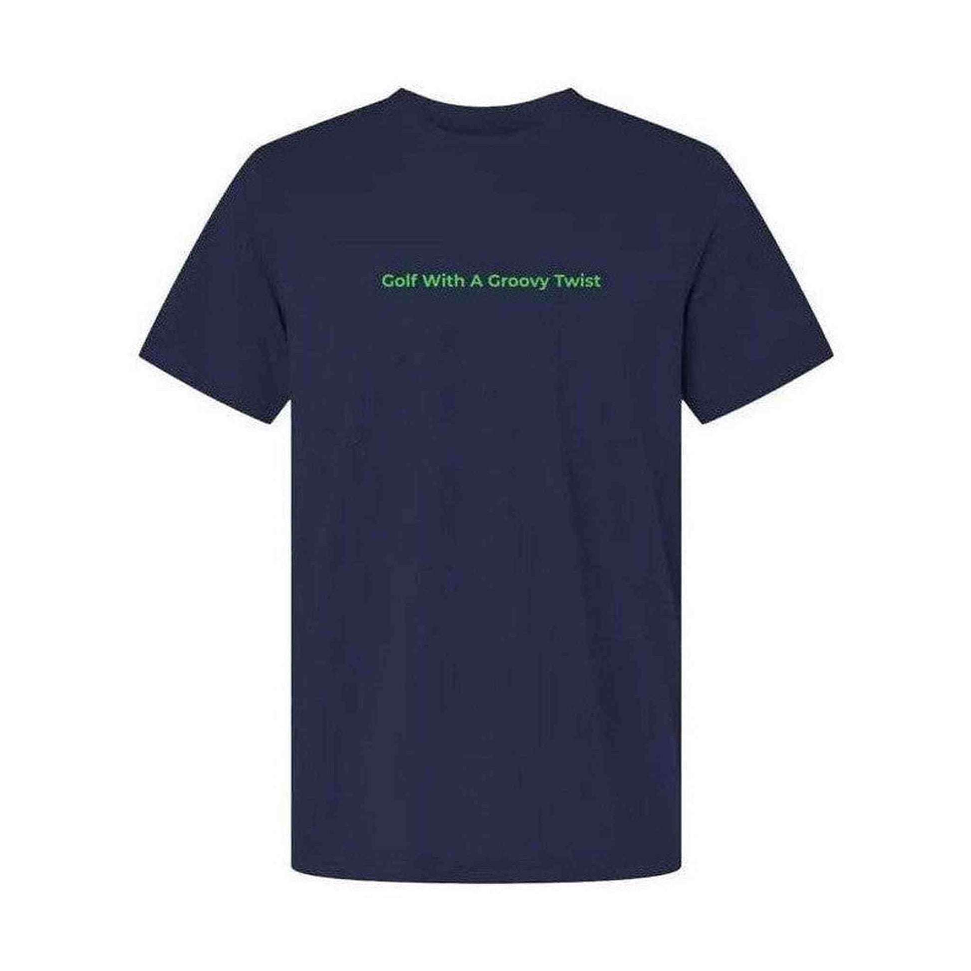 Navy blue crew neck t-shirt with centered green 'Golf With A Groovy Twist' graphic