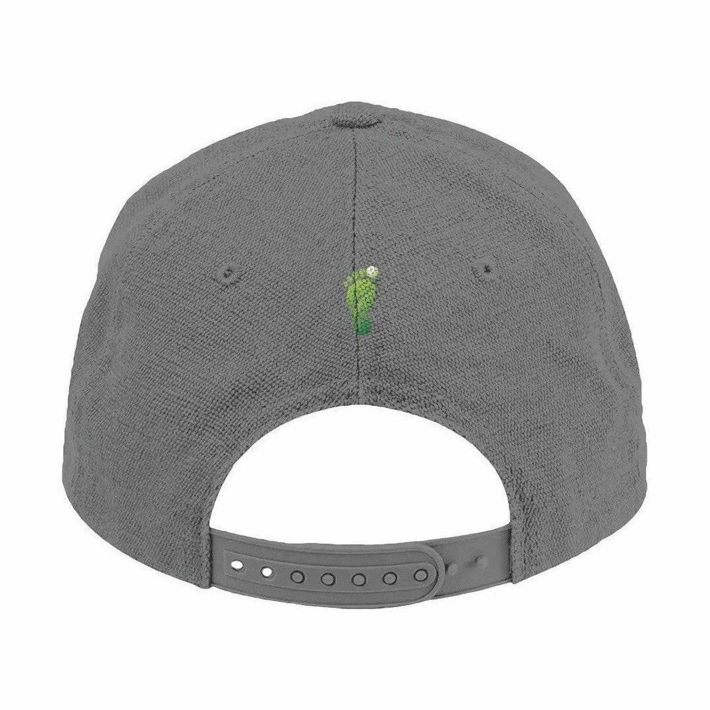 Back view gray unstructured hemp cap with green footprint logo and snapback closure