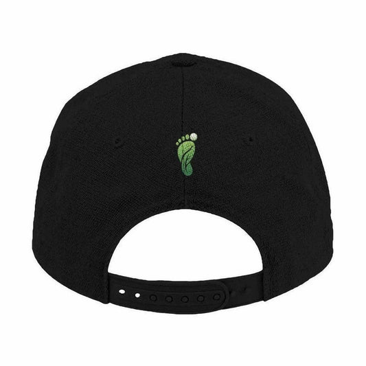 Back view of black Hemp Footprint cap with adjustable plastic buckle