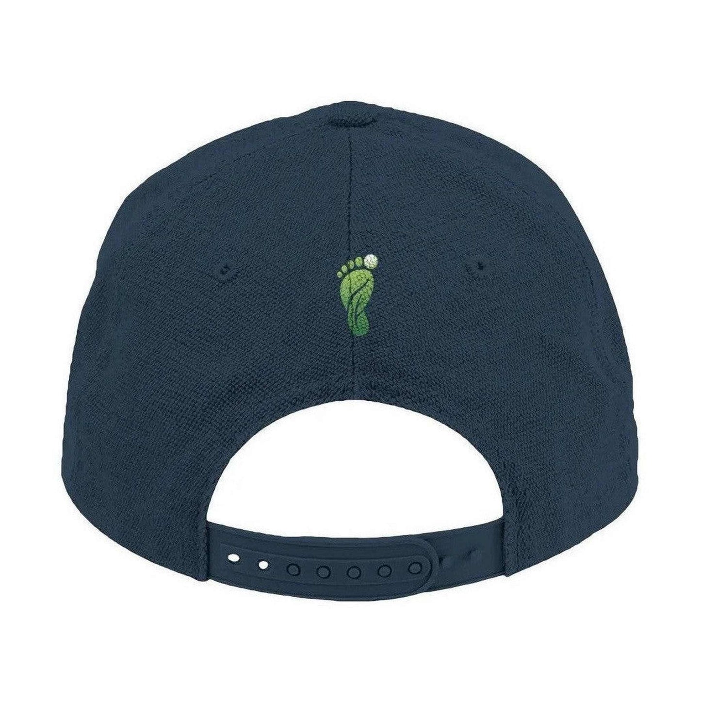Back view of navy Hemp Footprint cap showing green footprint logo