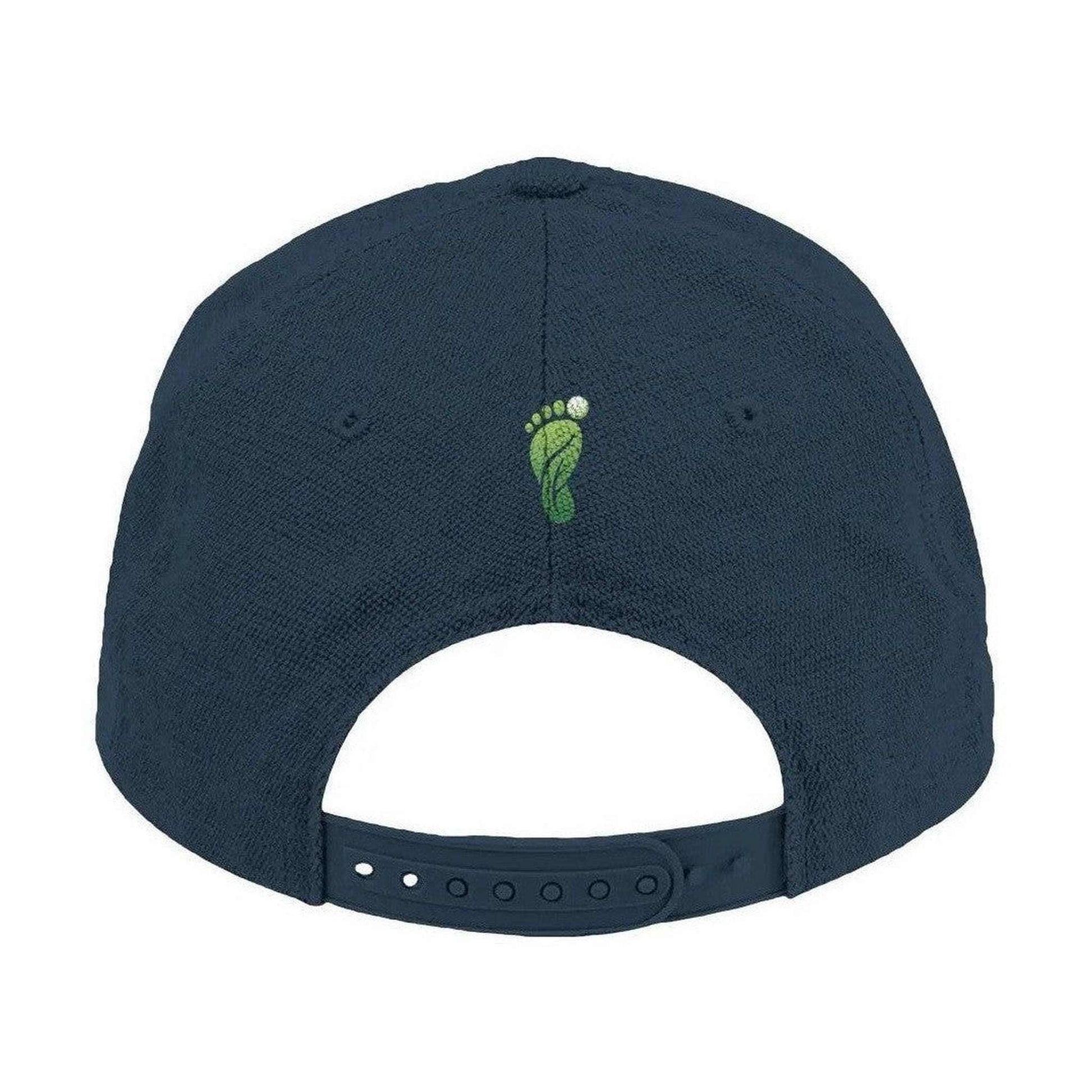 Back view of navy Hemp Footprint cap showing green footprint logo