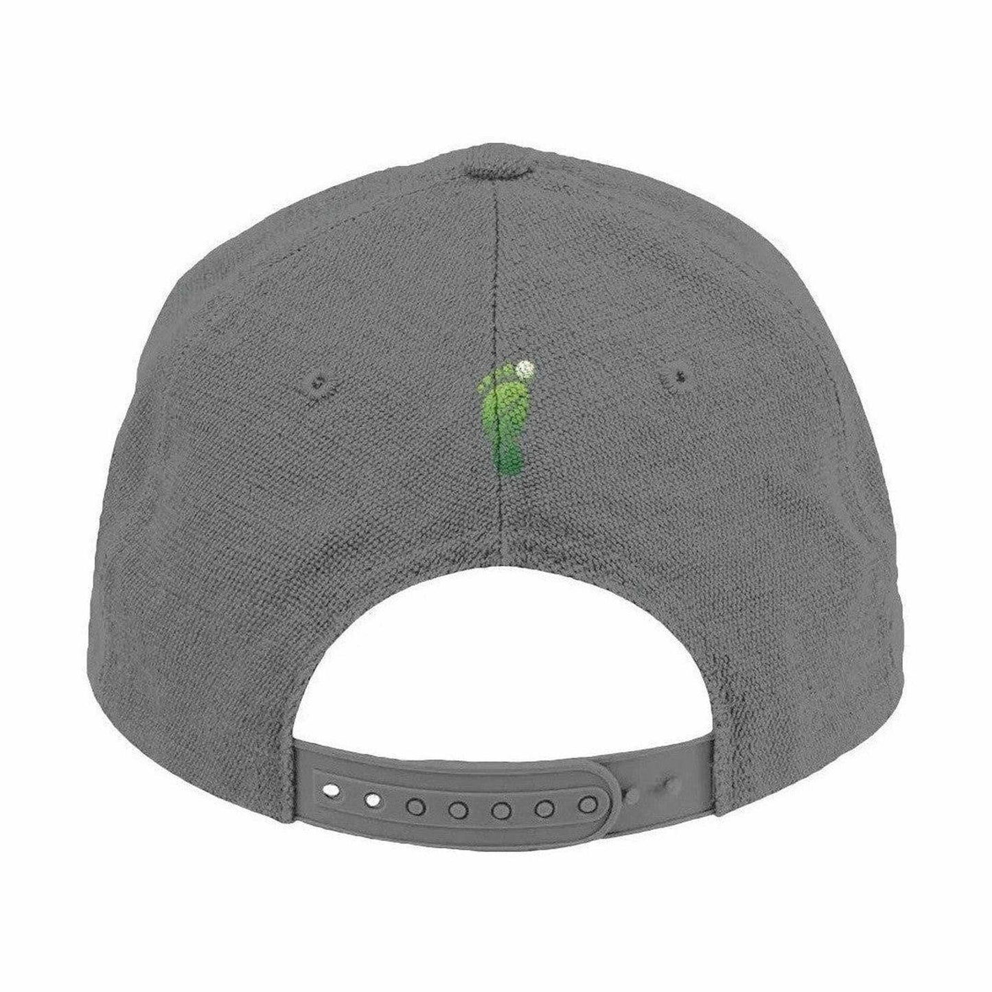Back view of gray Hemp Footprint cap with adjustable buckle closure