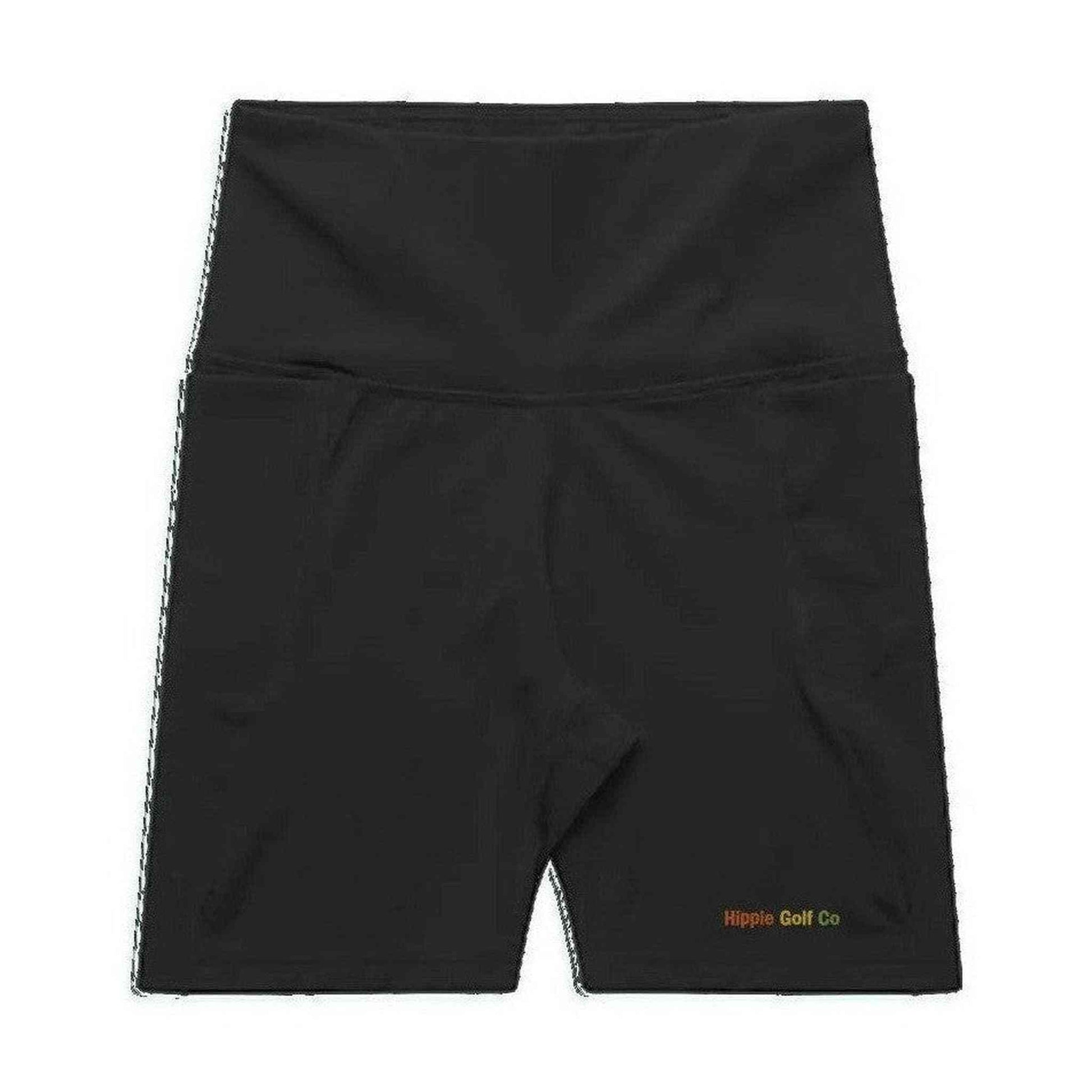 Black high-waisted HGC bike shorts with embroidered Hippie Golf Co logo and matte mid-weight fabric