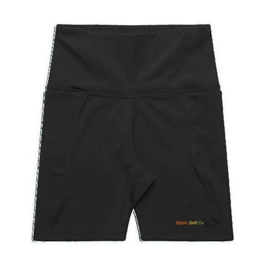 Black high-waisted HGC bike shorts with embroidered Hippie Golf Co logo and matte mid-weight fabric