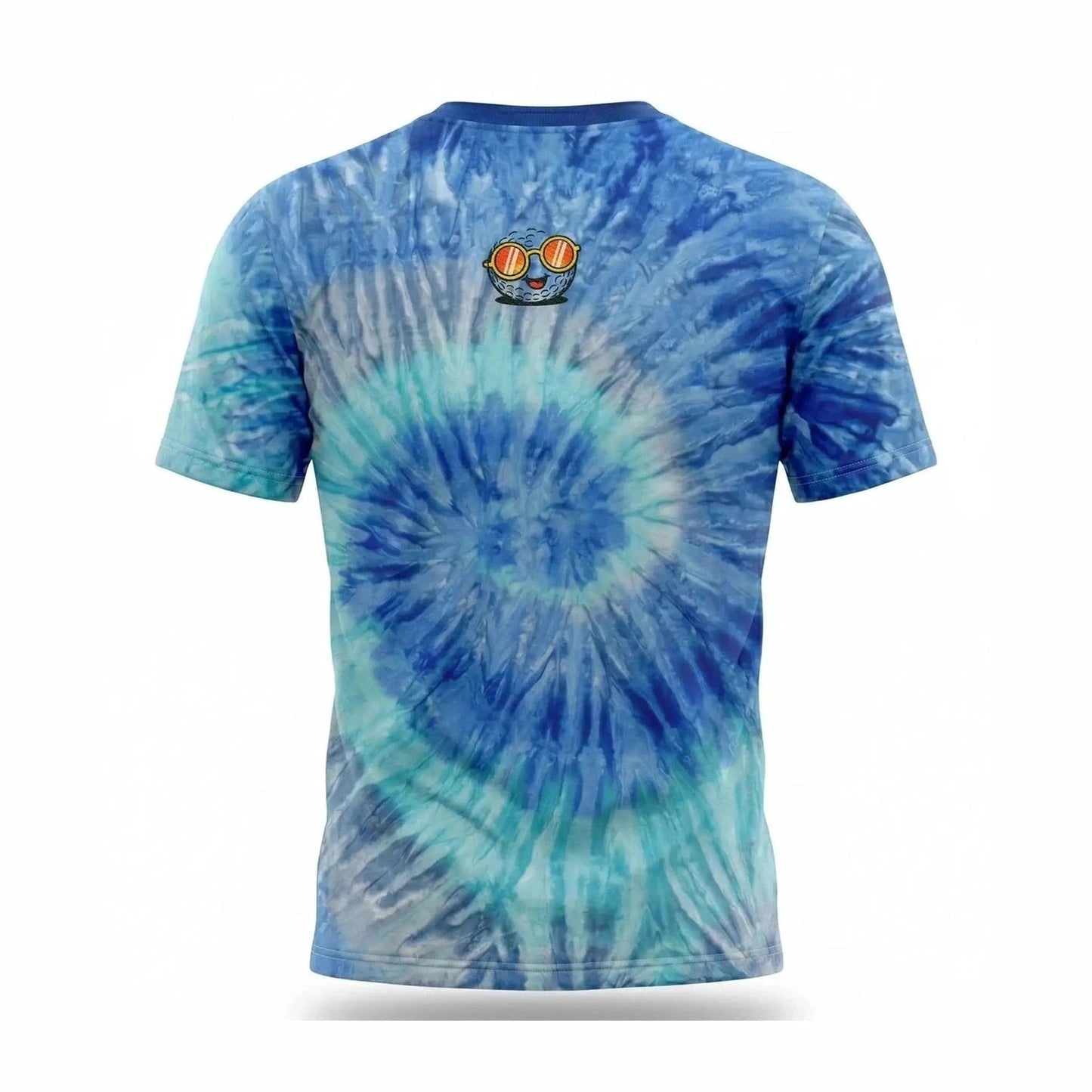 Flat lay blue and teal spiral tie-dye tee showing unique dye pattern
