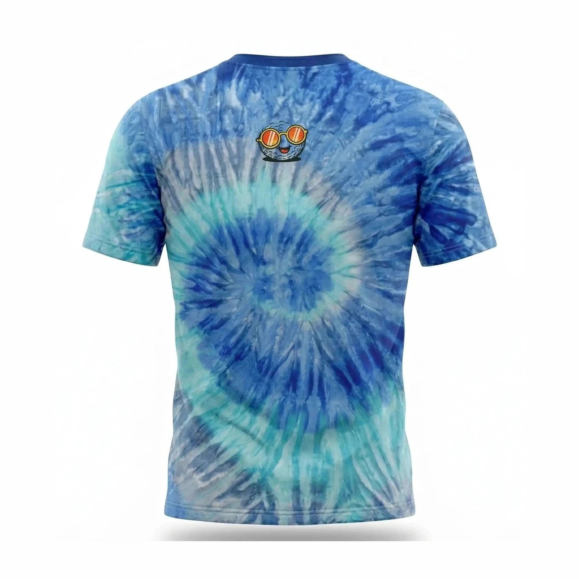 Flat lay blue and teal spiral tie-dye tee showing unique dye pattern