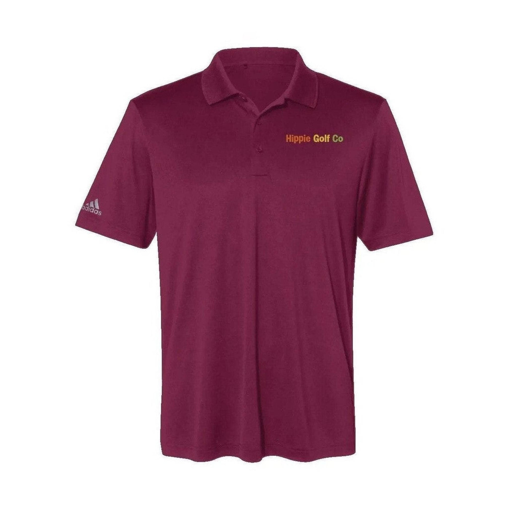Maroon Adidas golf polo with classic collar and vibrant Hippie Golf Co embroidered lettering