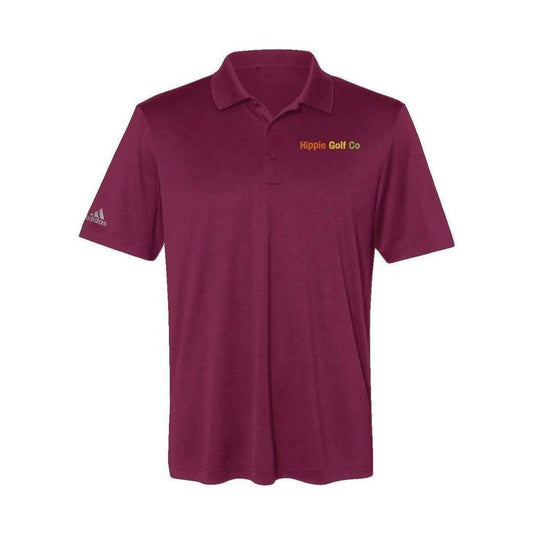 Maroon Adidas golf polo with classic collar and vibrant Hippie Golf Co embroidered lettering