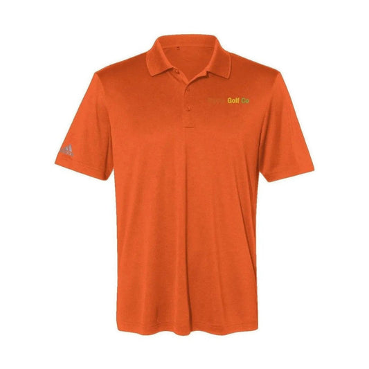 Orange Adidas HGC polo shirt with multi-color chest embroidery and eco-conscious recycled polyester