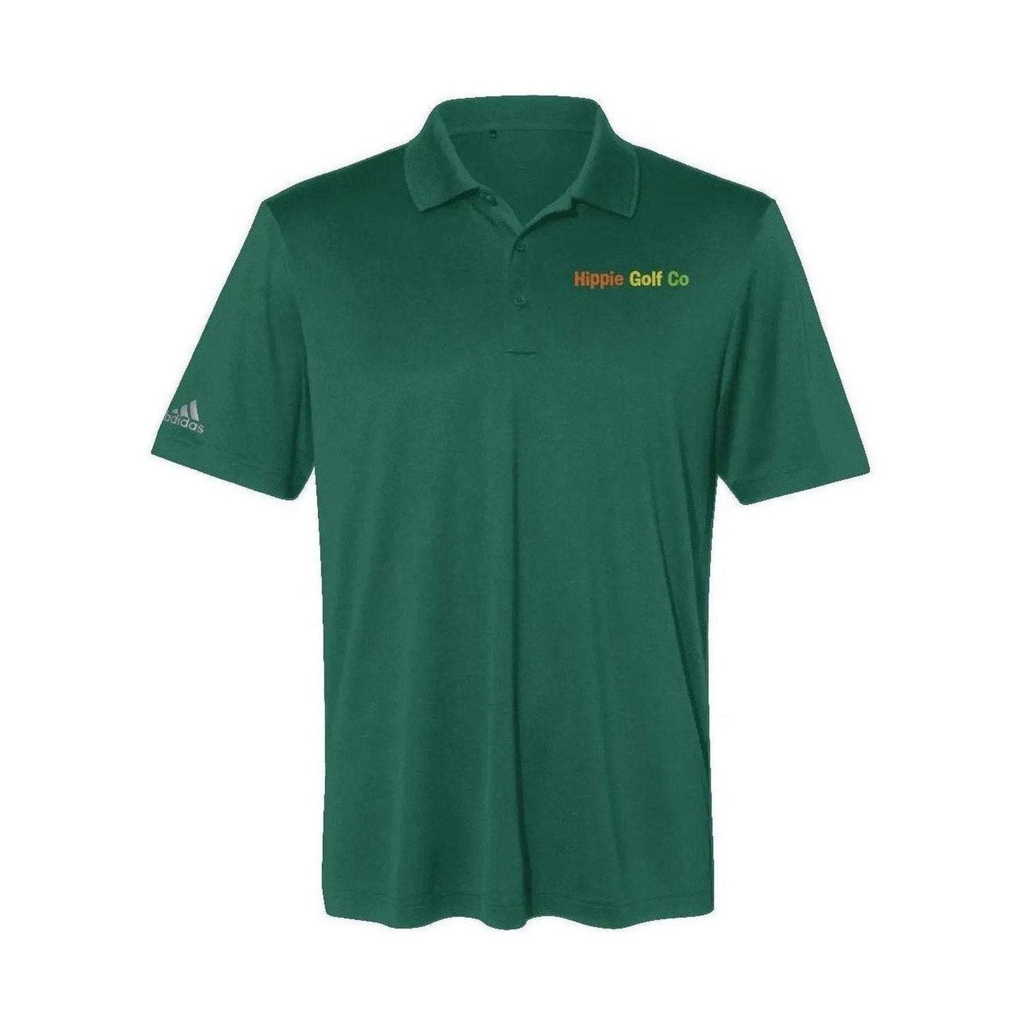 Green short-sleeve polo shirt with embroidered Hippie Golf Co logo and hydrophilic recycled material