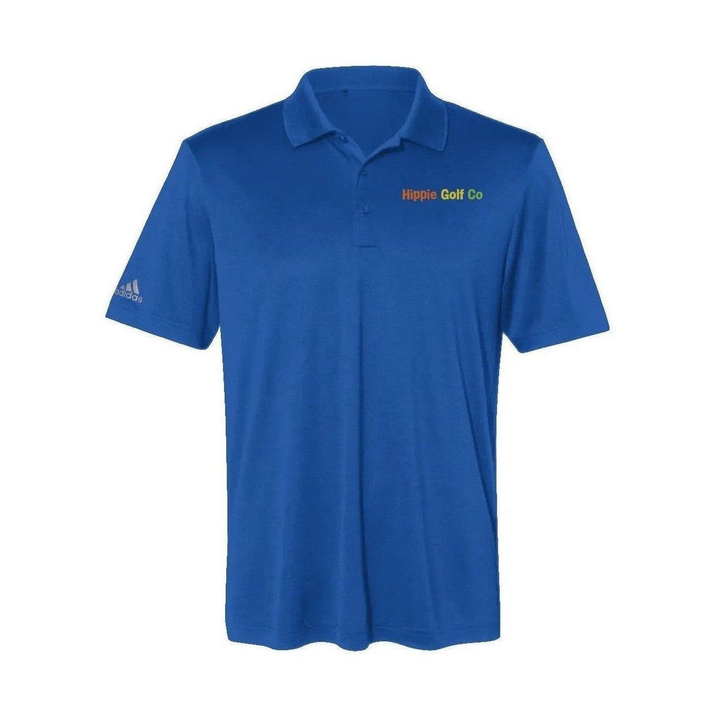 Blue short-sleeve polo shirt with embroidered Hippie Golf Co text and smooth performance knit