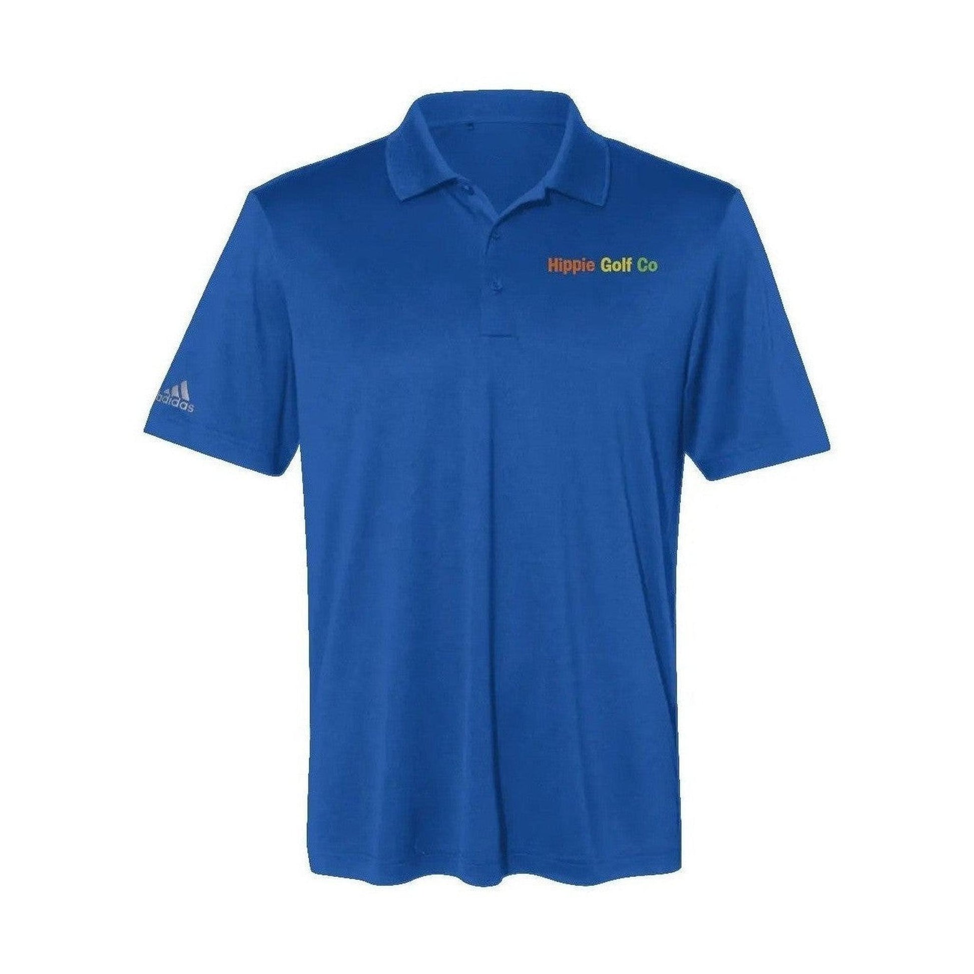Blue short-sleeve polo shirt with embroidered Hippie Golf Co text and smooth performance knit