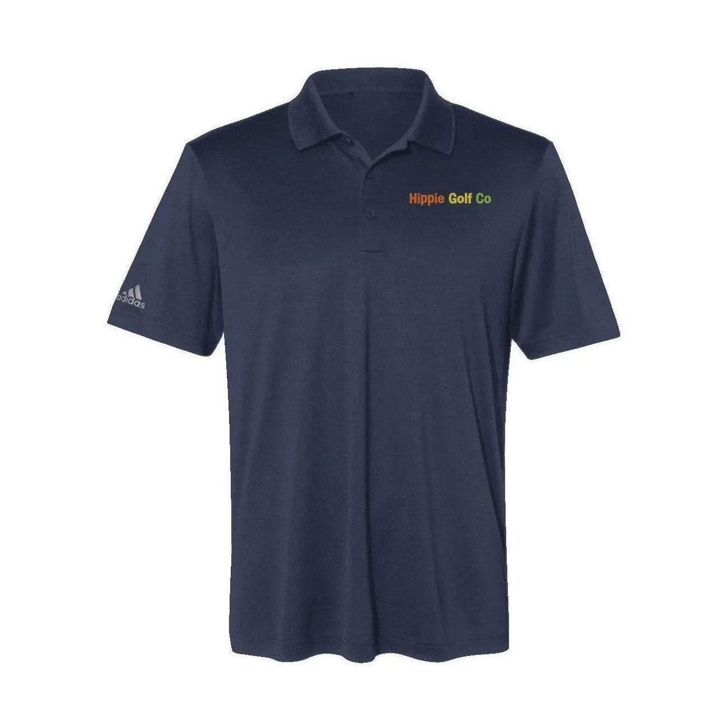 Navy Adidas golf polo with orange yellow green Hippie Golf Co embroidery and heathered texture