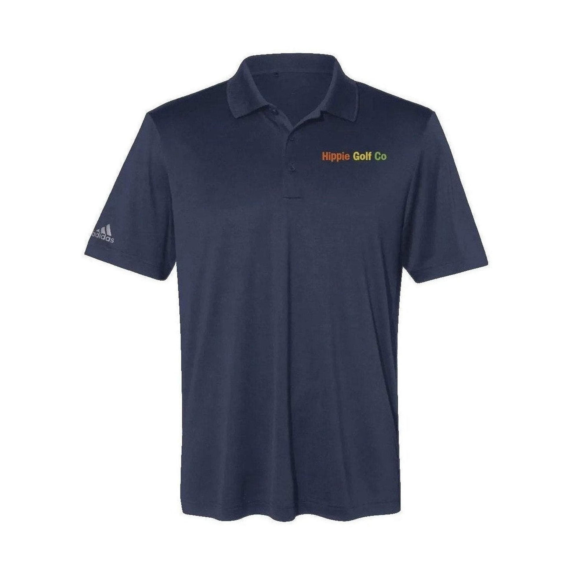 Navy Adidas golf polo with orange yellow green Hippie Golf Co embroidery and heathered texture