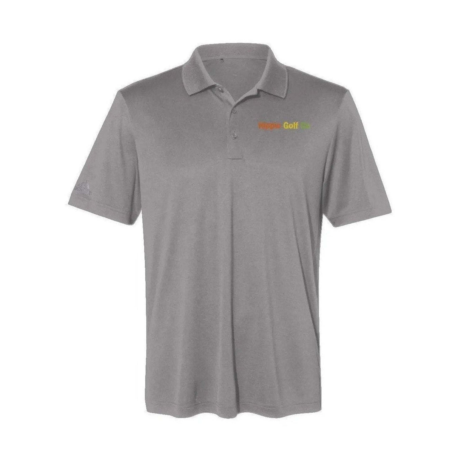 Gray Adidas HGC Logo Polo with embroidered Hippie Golf Co chest and recycled polyester fabric