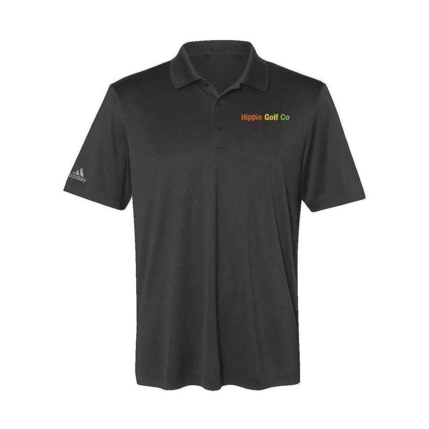 Black men's performance polo with embroidered brand logo and lightweight moisture control fabric