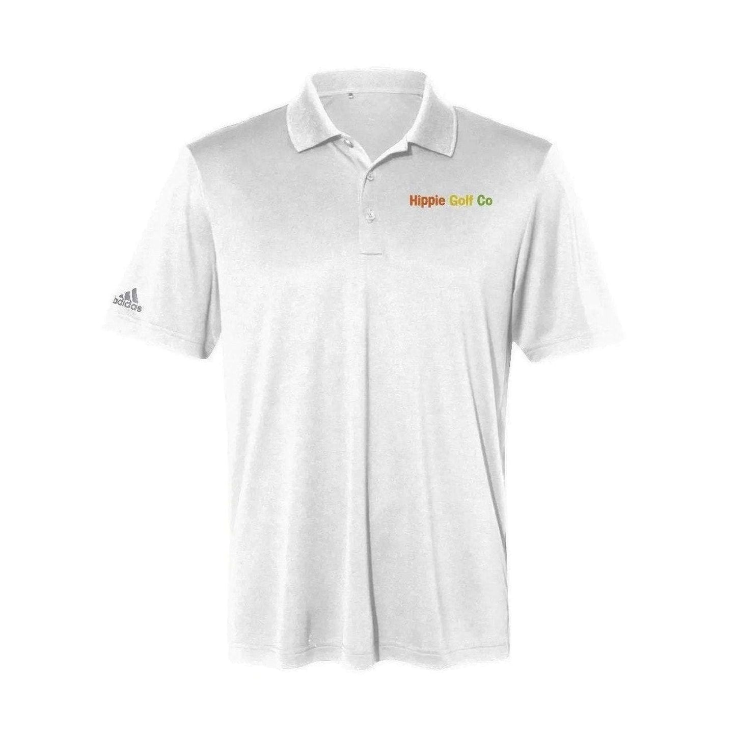 White Adidas Performance Polo featuring multi-color Hippie Golf Co embroidery and moisture-wicking finish