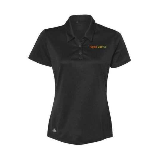 Black recycled polyester women's golf polo with ribbed collar and embroidered logo