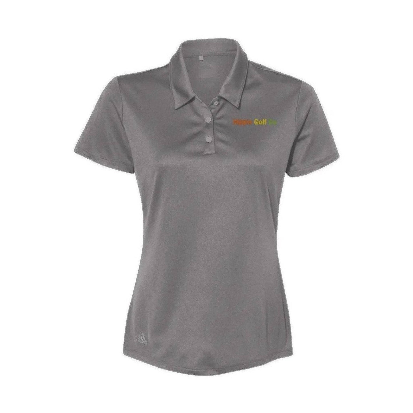 Gray Adidas women's performance polo with ribbed collar and Hippie Golf Co logo