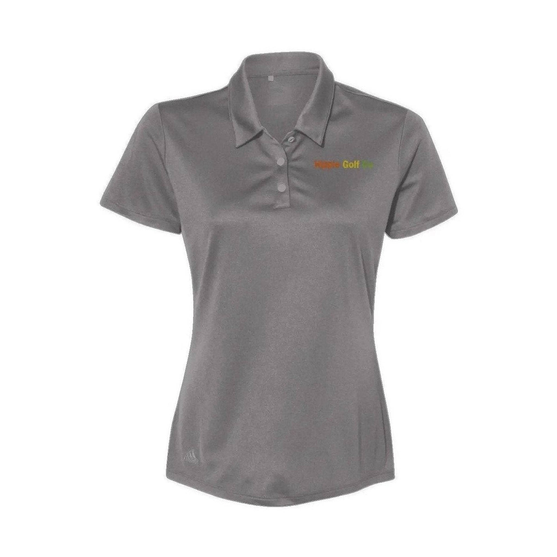 Gray Adidas women's performance polo with ribbed collar and Hippie Golf Co logo