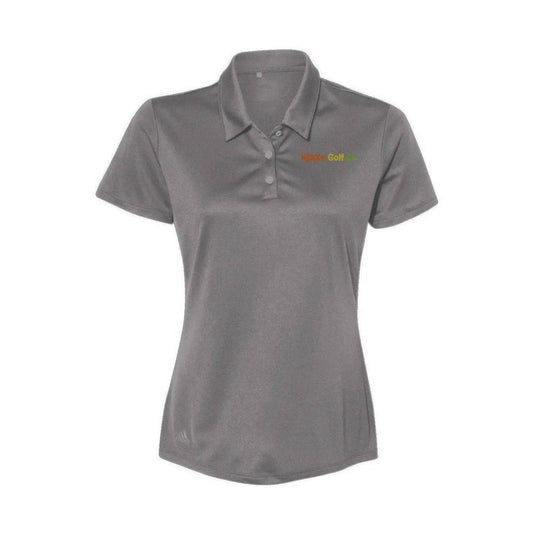 Gray Adidas women's performance polo with ribbed collar and Hippie Golf Co logo