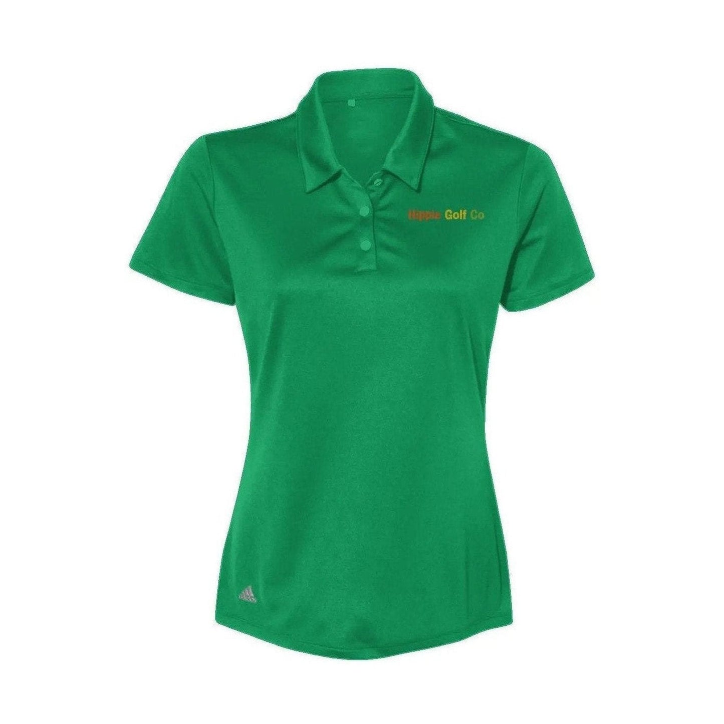 Green women's short-sleeve performance polo with matching buttons and brand logo