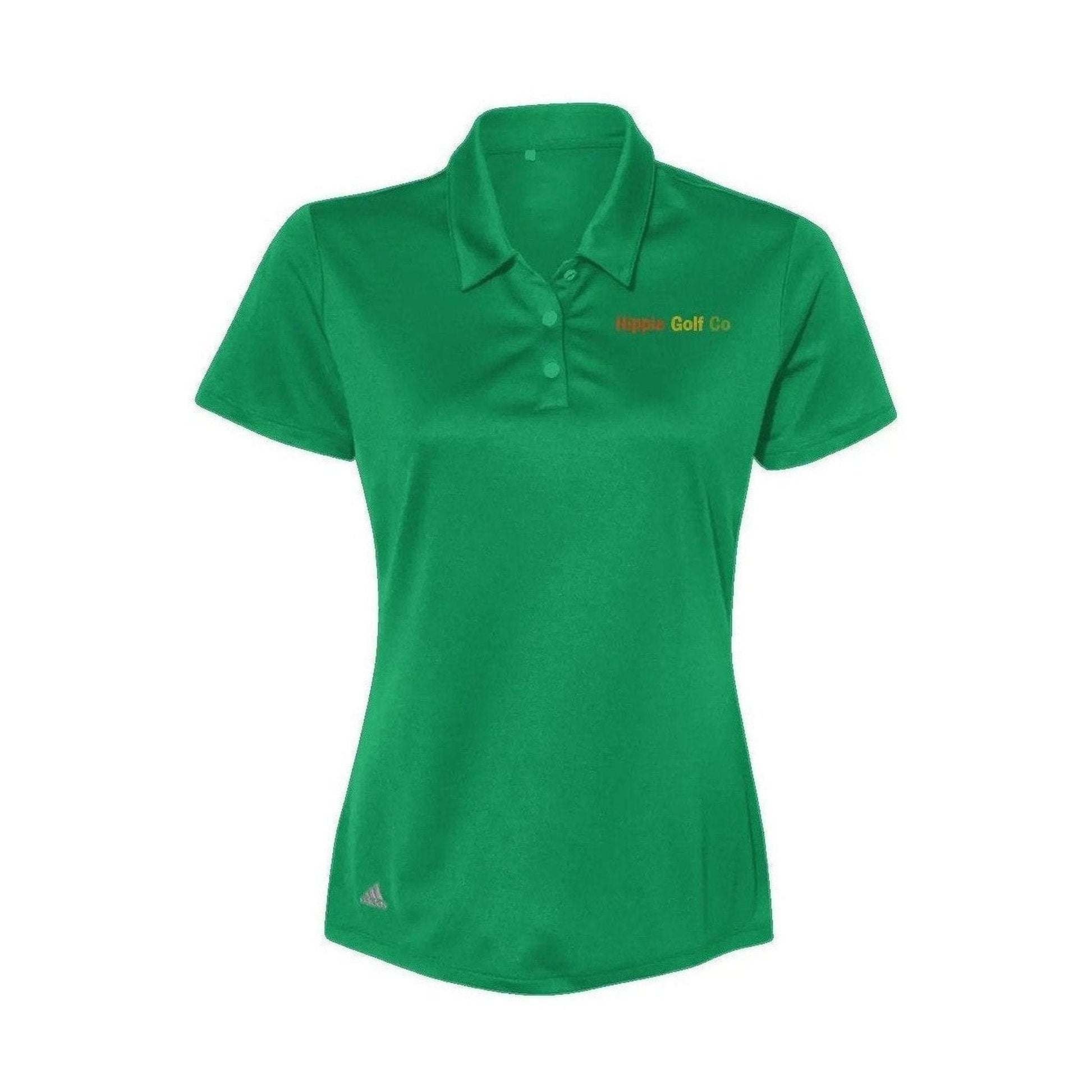 Green women's short-sleeve performance polo with matching buttons and brand logo