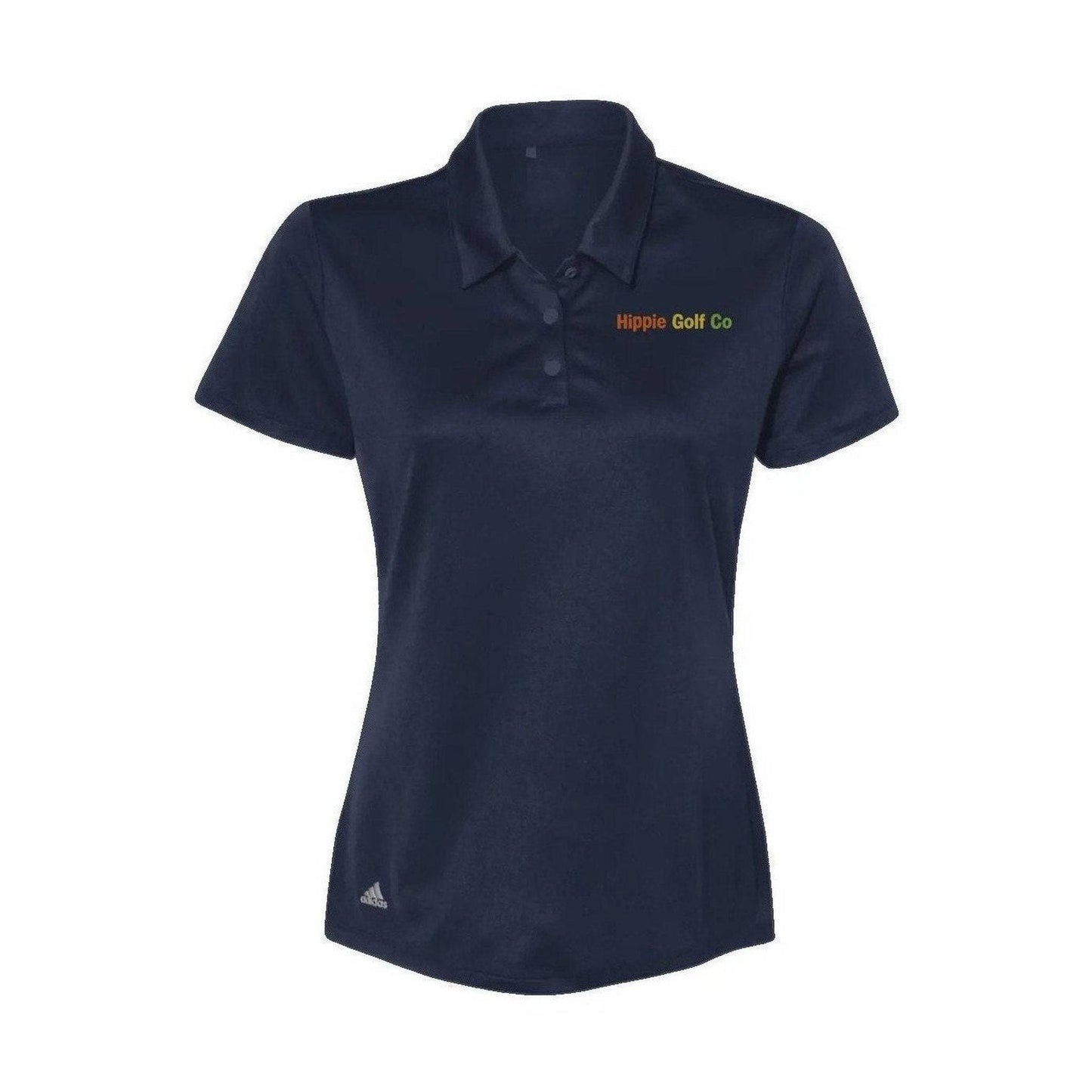 Navy blue Adidas women's polo shirt with ribbed placket and Hippie Golf Co emblem